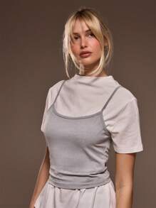 MUSERA Oversized T-Shirt & Scoop Neck Thin Strap Cami Layered 90's Top Spring Cute Valentine - Apricot - View 4
