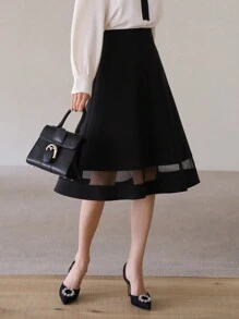 DAZY 女士纯色拼接网眼多层半身裙 夏季 - 黑色 - 查看 6