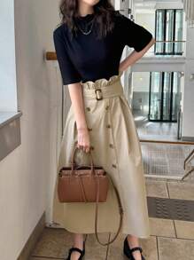 FRIFUL Women's Color Block Half-Turtleneck Waist Cinched Mid-Length Dress Sundress - Khaki - View 4