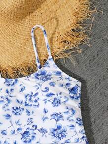 SHEIN 2 bộ đồ bơi một mảnh in họa tiết hoa màu xanh lam cổ điển cho bé gái tuổi teen kèm váy đi biển - Nhiều màu - Xem 3