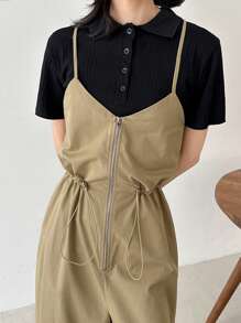 FRIFUL 1pc Women Casual Solid Color Drawstring Waist Jumpsuit For Women Lounge Sets For Women - Khaki - View 6