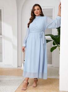 SHEIN Frenchy Plus Size Women's Long Sleeve Elegant Dress,Sky Blue Stand Collar Side Knot Pastel Spring Autumn Solid Color Wedding Bridal Dress - Blue - View 10