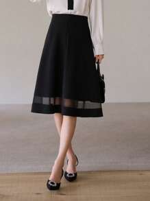 DAZY 女士纯色拼接网眼多层半身裙 夏季 - 黑色 - 查看 5