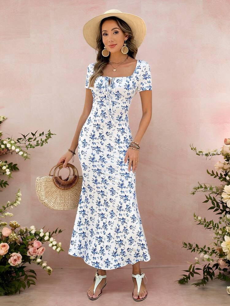 Women Floral Allover Print Tie-Front Short Sleeve Casual Dress
