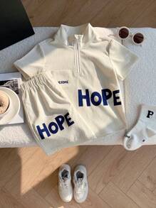 SHEIN 男童休闲字母印花短袖 T 恤和短裤两件套服装，时尚实用风格，适合儿童服装、男童服装、返校、生日派对、日常穿着、上学、旅行、运动、春夏季 - 白色 - 查看 3