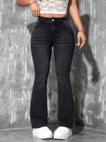 SHEIN PETITE Jeans casuales de pierna campana con lavado y ajuste slim