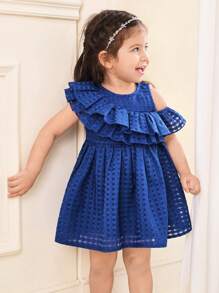 SHEIN Leap Crew Baby Girl Casual Elegant Tiered Ruffle Hem Solid Plaid Sleeveless Mini Dress, Suitable For Wedding, Party, Birthday Gift, Holiday - Blue - View 5
