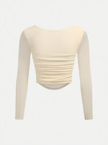 SHEIN Girlism Teen Girl 2pcs Set: Plain Mesh Ruched Square Neck Long Sleeve Top And Skirt - Apricot - View 8