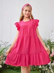 SHEIN Teen Girl Casual Solid Color Cap Sleeve Mini Dress