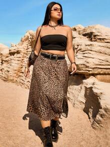 CovetEZ Plus Size Vintage Leopard Print A-Line Slit Skirt - Brown - View 4
