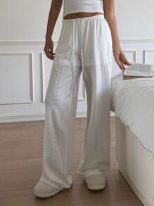 Muchica Women's Drawstring Waist White Textured Casual Loose Pants, Summer - White - View 4