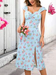 SHEIN VCAY Vestido para cita del Día de San Valentín, vestido de mujer de colección con cuello de corazón, cintura alta, abertura romántica con pequeñas flores, vestido de vacaciones de verano para la playa, vestido de vuelta al colegio, conjunto muy sencillo, atuendo de oficina, atuendo de dinero antiguo, atuendo de maestra, atuendo de cita, este es un vestido de moda floral romántico muy fresco y sencillo.