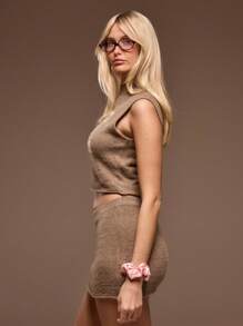 MUSERA Áo len không tay cổ cao, dáng ôm, gấu áo xắn, chất liệu len mềm mại, size "M", thích hợp cho mùa xuân hè, phong cách thường ngày dễ thương, thập niên 90, dự tiệc brunch. - màu nâu - Xem 2