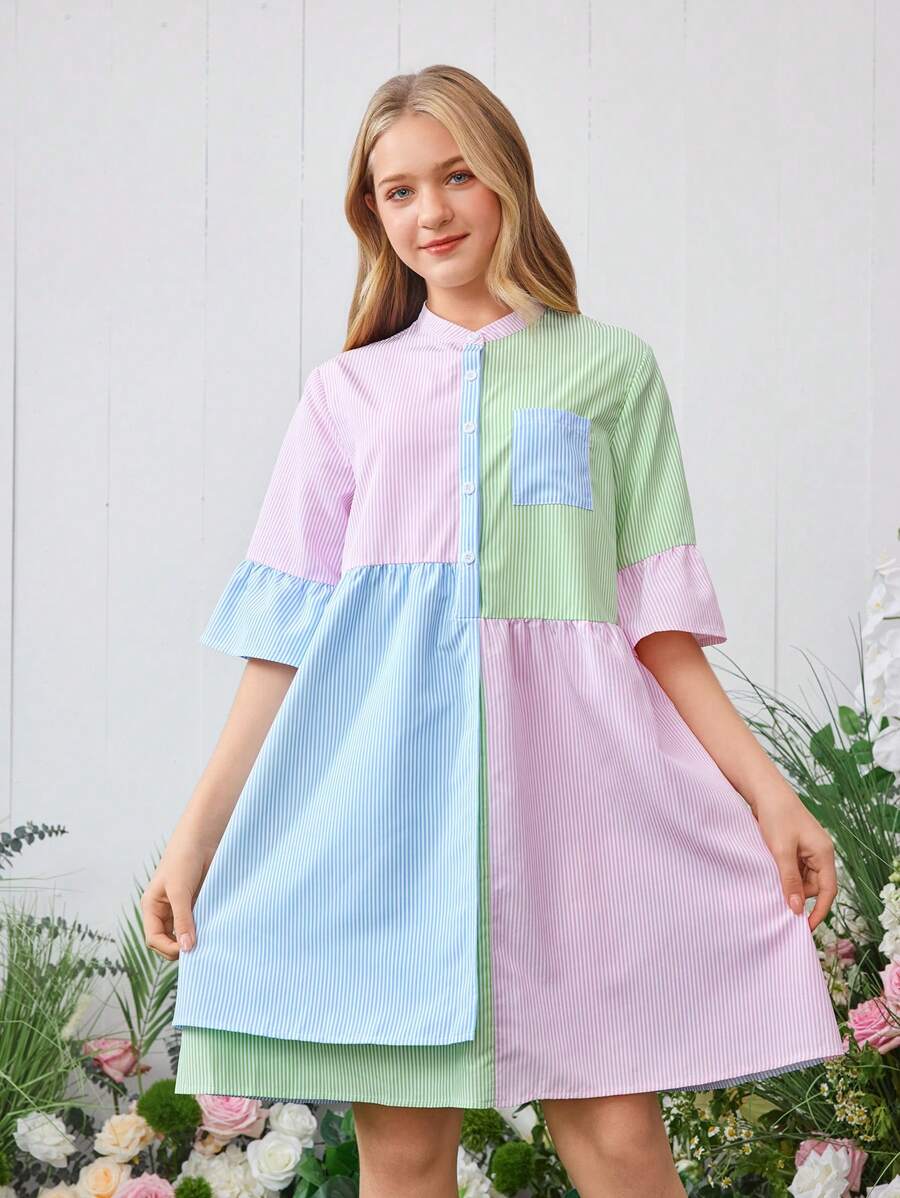 Teenage Girls' Colorblock Striped Patchwork Stand Collar Ruffle Sleeve Casual Dress