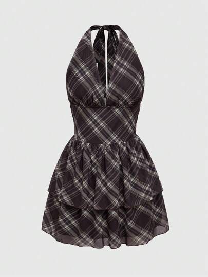 Y2K Retro Plaid Halter Open Back Fitted Mesh Mini Dress For Women