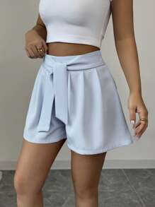 SHEIN Clasi Women's Blue Pleated Tie Front Design Shorts - Blue - View 6