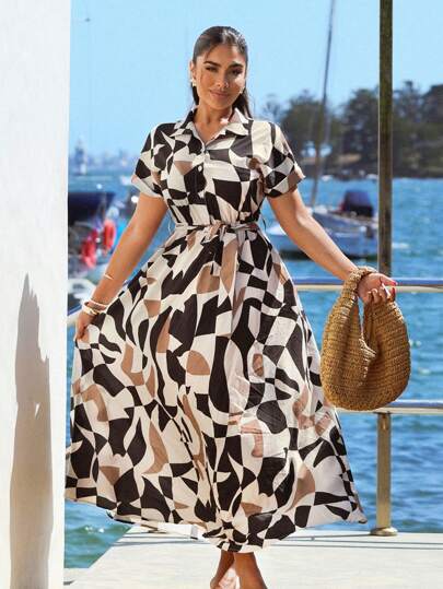 SHEIN SXY Women's Casual Vacation Geo Print Shirt Dress, Old Money, Festival, Summer Dresses, Going Out