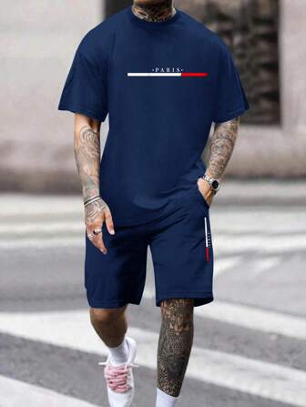 RueChic Herren Baumwolle Paris bedrucktes Regular T-Shirt & Short Set