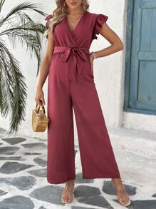 SHEIN Mono de piernas anchas cómodo para mujeres embarazadas, color borgoña