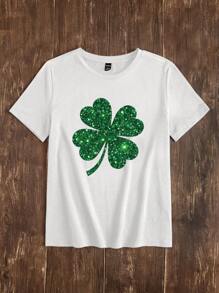 SHEIN Essnce 1pc Clover Print Round Neck Short Sleeve Tee - White - View 4
