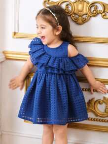 SHEIN Leap Crew Baby Girl Casual Elegant Tiered Ruffle Hem Solid Plaid Sleeveless Mini Dress, Suitable For Wedding, Party, Birthday Gift, Holiday - Blue - View 3