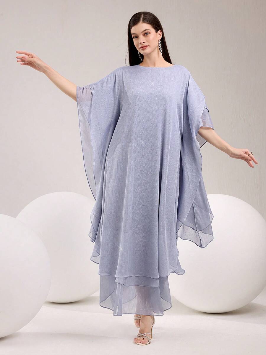 Al Najma 女士飘逸优雅浅蓝色闪光面料蝙蝠袖土耳其和阿拉伯传统长款夏季婚礼宾客礼服 - 藍色 - 查看 1