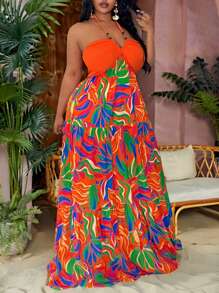 Slaydiva Đầm hai dây nhiều lớp xếp nếp, không tay, in họa tiết hoa nhiệt đới, cỡ lớn dành cho nữ, thích hợp cho kỳ nghỉ xuân/hè, đầm đi biển, trang phục đi nghỉ mát phong cách Boho. - Nhiều màu - Xem 3