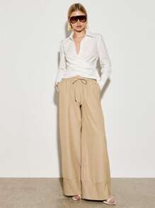 AiiRZ Pinstripe Wide Leg Palazzo Pants With Drawstring Waist, Casual Elegant Office Wear Trousers, Professional Business Casual Lounge Pants With Contrast BAnd Detail - Multicolor - View 3