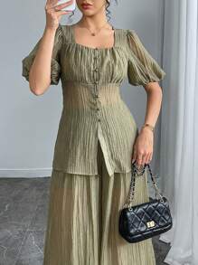 Solavon 2pcs/Set Women Solid Color Button Design Short Sleeve Shirt & Pants Suit - Green - View 2