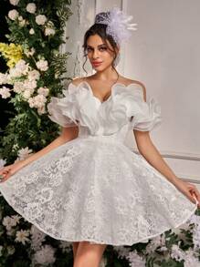 Lovelzi Vestido lujoso, elegante, noble, romántico, digno, blanco, con volantes de encaje y organza, cintura esbelta, corte en línea A, adecuado para celebraciones de despedida de soltera, invitados de bodas, vestidos de graduación, festivales, vestidos de celebración de la novia, vestido blanco, novia