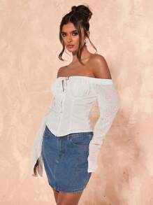 SHEIN BAE 女士春夏浪漫日常休闲度假简约沙滩音乐节白色刺绣露肩外出夏季上衣，女士夏季可爱上衣，热带度假女装，锐舞节 - 白色 - 查看 4