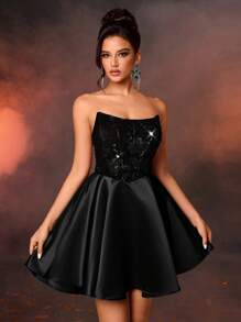 Lovelzi Elegant & Luxurious Forest Skin-Tone Elastic Floral Sequin Patchwork Satin Ballerina Tulle Short Party Dress, Wedding Guest Dress, Suitable For Wedding, Bachelorette, Vacation, Prom (Heavy Embellishment) - Black - View 4