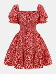 SHEIN Leap Crew Vestido de línea A con mangas abullonadas y sin tirantes con estampado floral pequeño para adolescentes, primavera/verano - Rojo - Ver 4