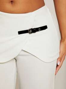 SHEIN SXY Spring/Summer Valentine's Day Wedding Season Guests Wear White High-Stretch Knit Low-Rise Line Wrap Straight Pants With A Belt Embellishing - White - View 6