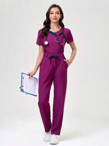 TaskEZ Color Block V-Neck Short Sleeve Top And Pants /Nurse Scrub Uniform Set - Multicolor - View 2