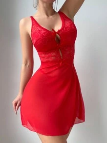 2 Stück/Set Damen einfarbige Spitze mit Schleife sexy Nachthemd Nachtwäsche rotes Kleid - Rot - Übersicht 1