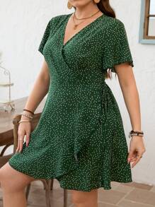 SHEIN Clasi Váy du lịch thường ngày xếp nếp cổ chữ V phong cách cổ điển - màu xanh lá - Xem 6