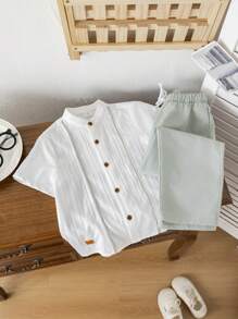 SHEIN Leap Crew 2pcs/Set Young Boys Casual Minimalist Short Sleeve Top & Pants - White - View 3