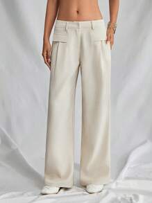 SHEIN Unity 1 quần dài vải lanh ống rộng cạp trễ màu mơ có túi phong cách Bohemian cho nữ, lễ hội âm nhạc - Màu be - Xem 1