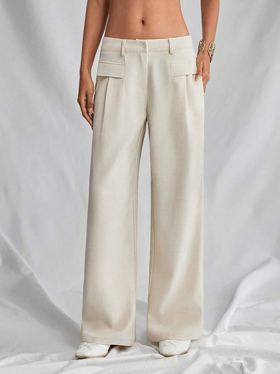SHEIN Unity 1 quần dài vải lanh ống rộng cạp trễ màu mơ có túi phong cách Bohemian cho nữ, lễ hội âm nhạc - Màu be - Xem 1