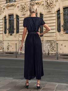 SHEIN Clasi Elegant Women's Black Hot Stamping Pleated Jumpsuit, With A Folded Waistband And Drawstring At The Front, Suitable For Various Occasions - Black - View 5