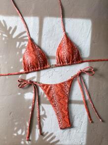 Swim Vcay 2pcs/Set Spring Break 2025 Print Random Halter Triangle Top And Side Tie Bottom Bikini Swimwear For Women Summer Beach