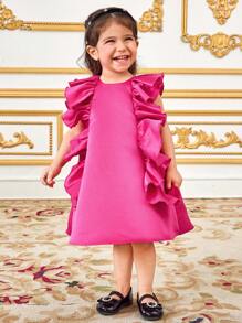 SHEIN Baby Girl Elegant Simple Cute Loose A-Line Dress With Ruffles, Rose Red - Hot Pink - View 4