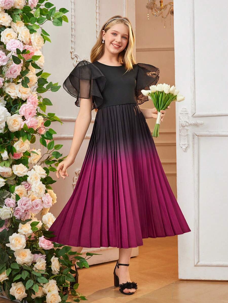 Váy xếp ly màu tím xếp ly organza cho bé gái tuổi teen có tay xòe ấn tượng, phong cách cổ điển thanh lịch, mùa xuân/hè, ngày lễ, mùa hè, du lịch - Nhiều màu - Xem 1