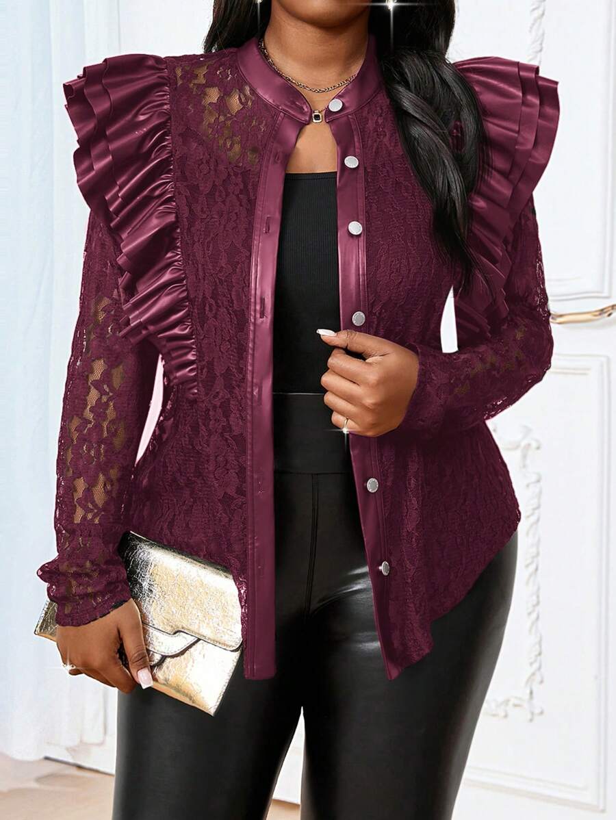 SHEIN Lady Spring And Summer Autumn And Winter Elegant Women's Black Lace Ruffled PU Patchwork Buttoned Coat - Red - View 1