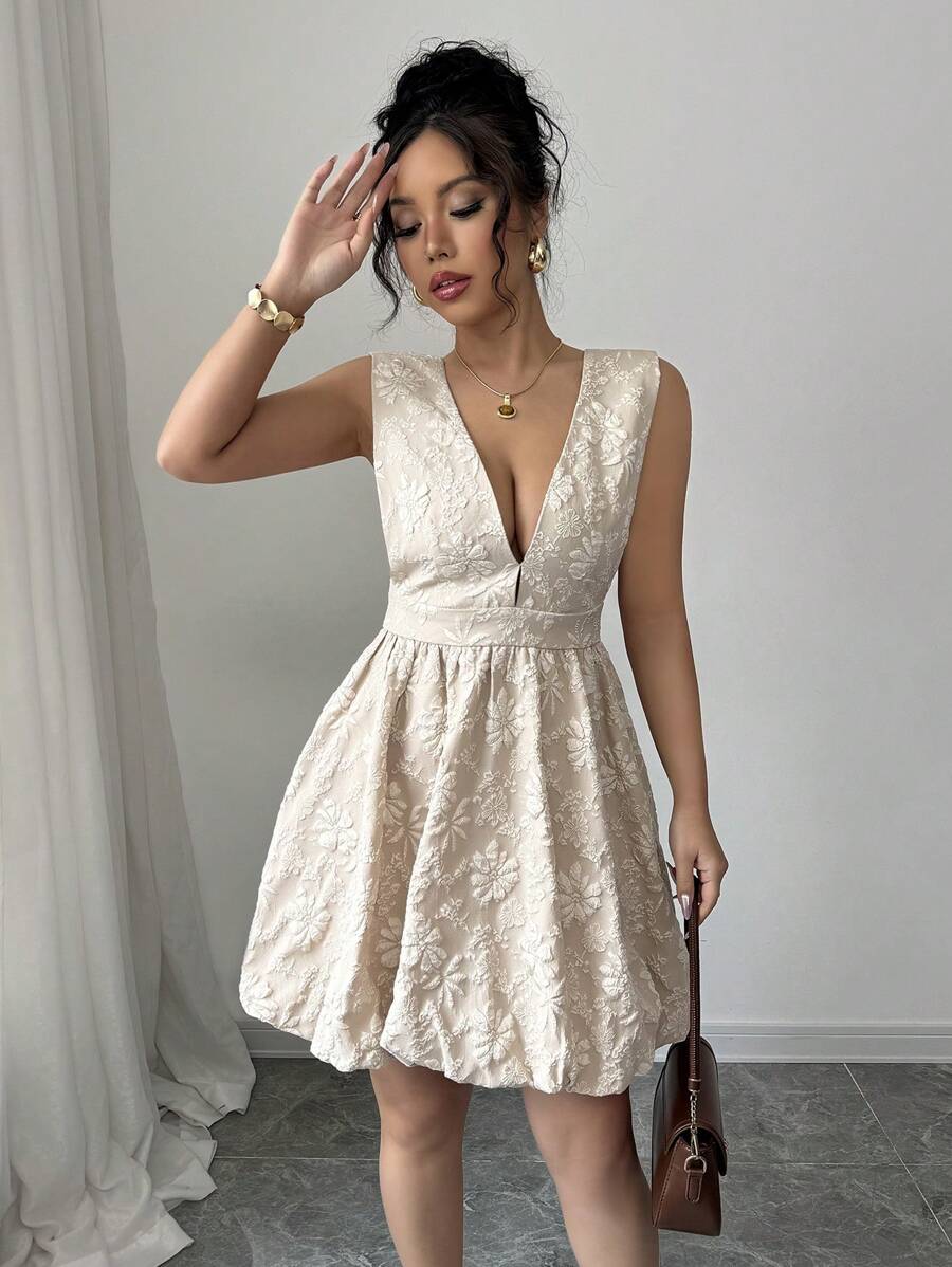 SHEIN Unity Women Elegant Solid Color Jacquard Sleeveless Short Casual Dress - Apricot - View 1