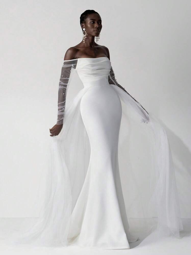 Elitara Elegant Luxurious Bubble Bead Design Long Sleeve Jacket With Detachable Mesh, Ruffled Mermaid Maxi Draped Train Wedding Dress, Suitable For Wedding, Party, Prom, Honeymoon,Bride - Beige - View 7