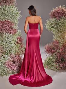 Glamrae Elegant Rose Red Tube Gorgeous Three-Dimensional Hot-Drilled Mesh On Both Sides, See-Through Slimming Hollow Fishtail-Shaped Side 3D Three-Dimensional Flowers Wedding Guest Dress, Suitable For Dates, Vacations, Graduation Back-To-School Season Wedding Events Dinner Dresses, Party Dress, Formal Dress, Evening Dress, Gown - Hot Pink - View 4