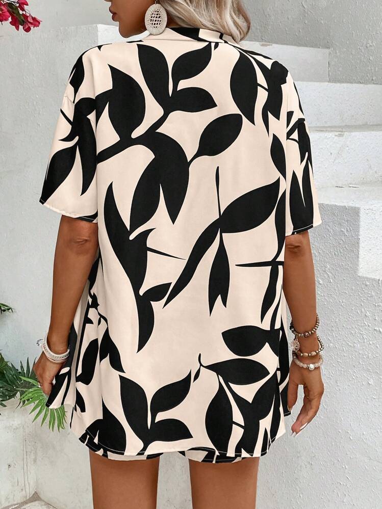 SHEIN Tall 2pcs/Set Women Short Sleeve Printed Crop Top & Shorts Loungewear Set, Summer - Multicolor - View 2