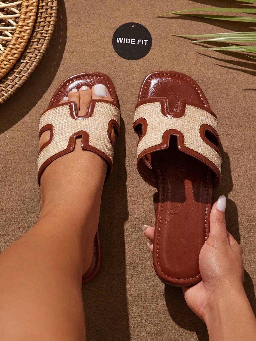 SHUZIA 女士宽松时尚休闲舒适拉菲草带平底凉鞋 - 鏽棕色 - 查看 1